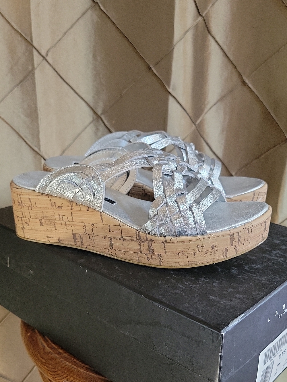 VGUC- Laundry by Shelli Segal 'Tori- Leather Cork Wedge Slide Sandal